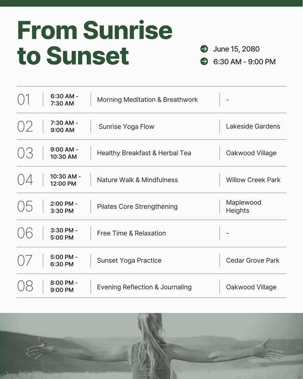 Green Minimalist Modern Wellness Nature Retreat Daily Program Schedule Instagram Post