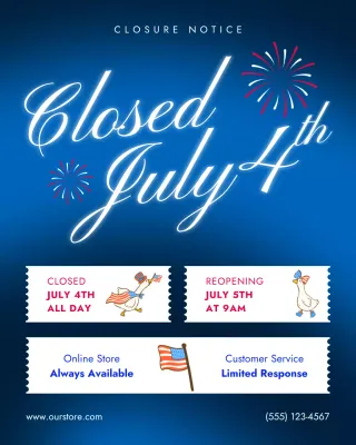 Blue Fourth Day of July Holiday Announcement Hours Instagram Post