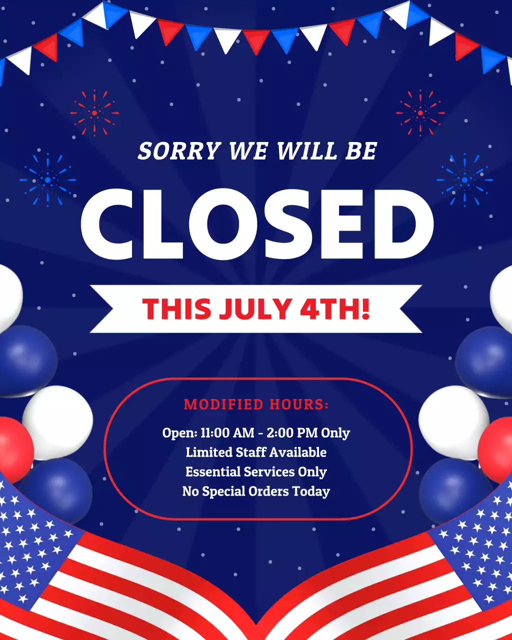 Blue and Red Modern Fourth of July Business Hours Announcement Instagram Post