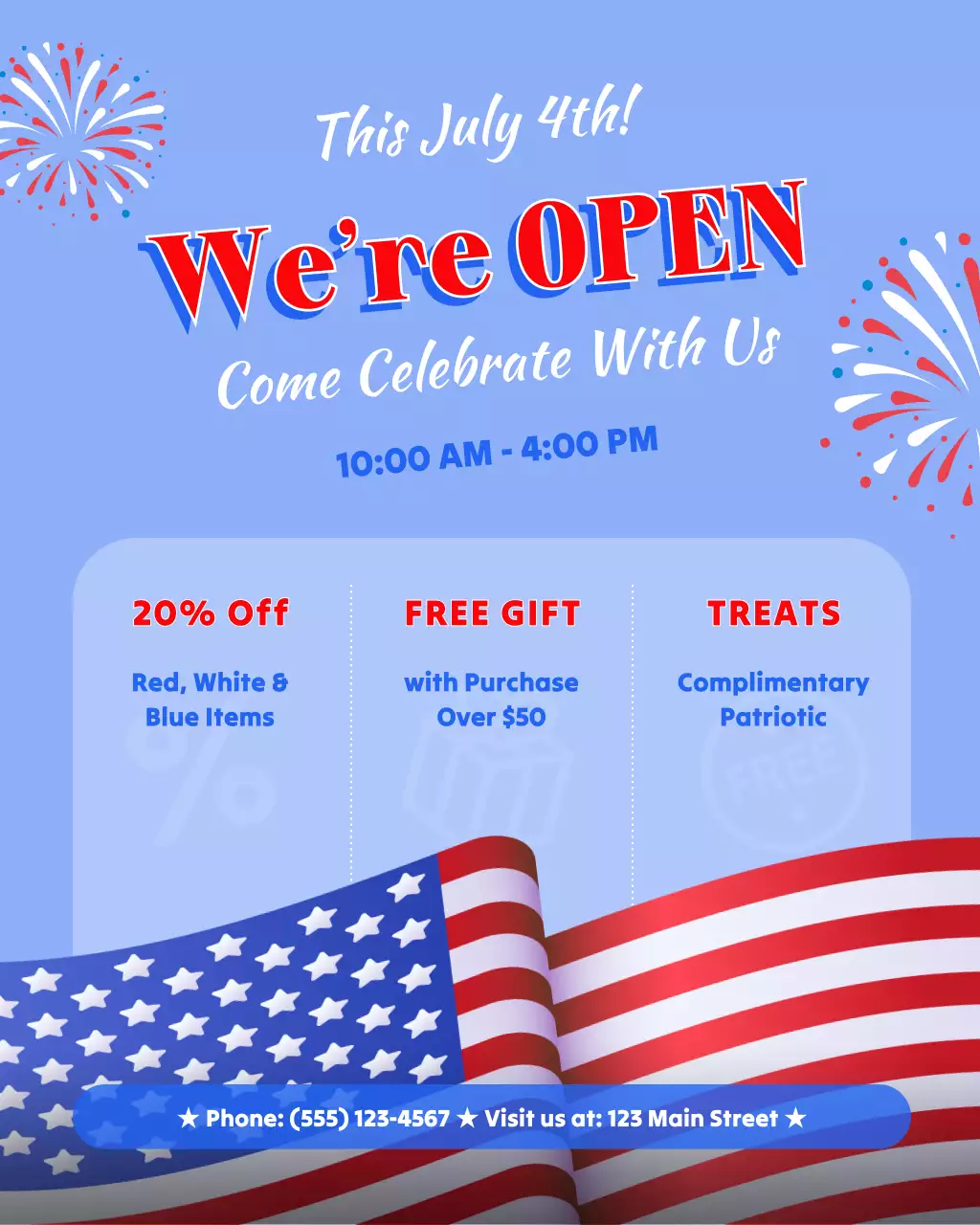 Blue and Red Fourth of July Business Hours Announcement Instagram Post
