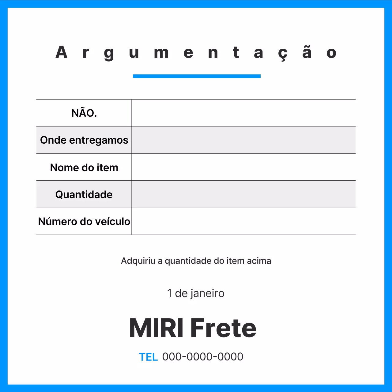 Descrição do documento de transporte de carga limpa azul