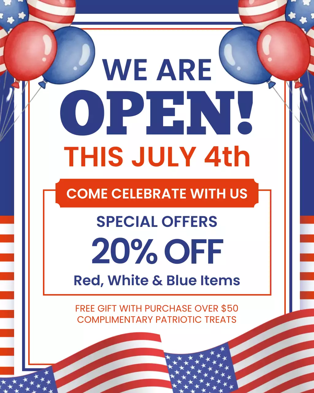 Blue and Red Fourth of July Business Hours Announcement Instagram Post