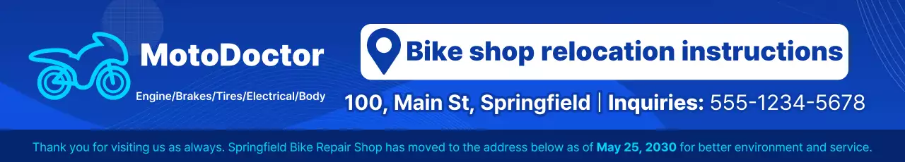 Aviso de mudança de oficina de conserto de bicicletas simples azuis e brancas