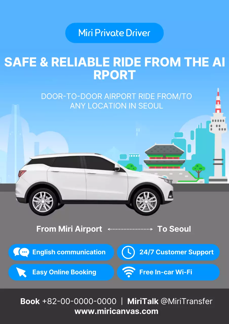 Iklan penjemputan pengunjung asing di bandara dengan warna biru dan putih yang sederhana