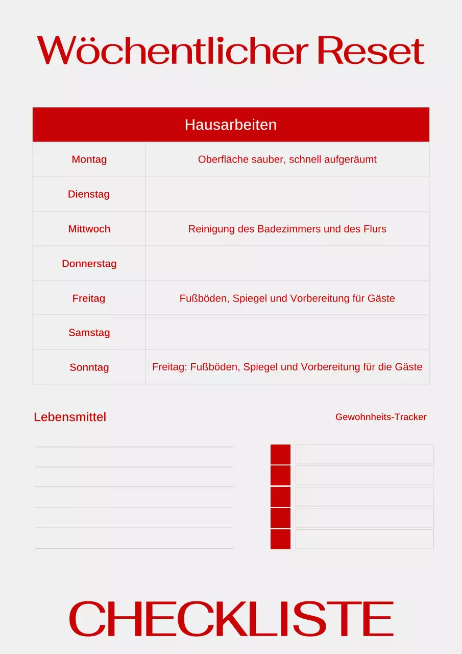 Einfaches und trendiges rotes wöchentliches Checklisten-Webposter