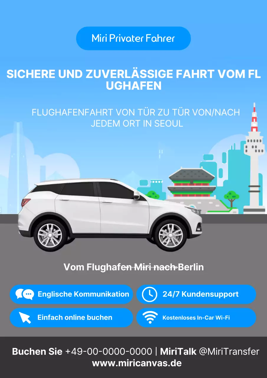 Einfache blau-weiße Werbung für die Abholung ausländischer Besucher am Flughafen