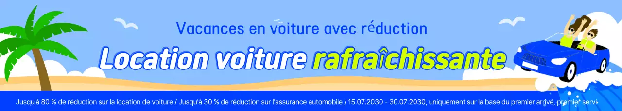 Publicité pour un événement de location de voiture à long terme en pop art bleu ciel et bleu