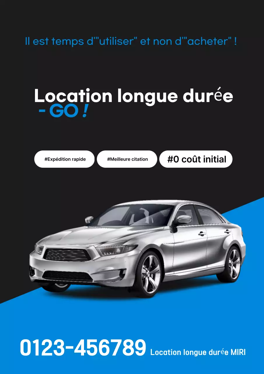 Voiture de location longue durée propre, noire et bleue, disponible pour livraison immédiate