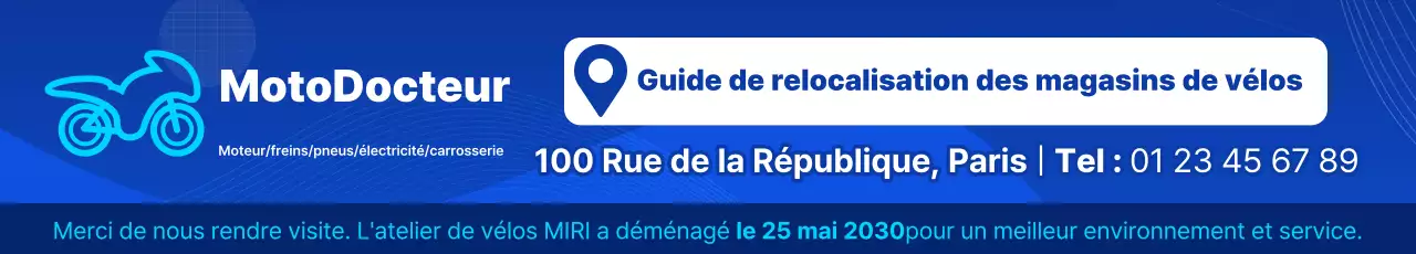 Avis de déménagement d'un simple atelier de réparation de vélos bleu et blanc