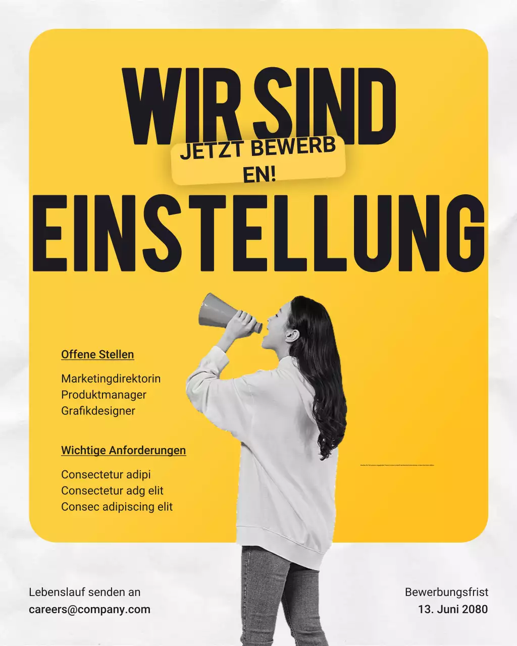 Gelber und schwarzer, auffälliger, moderner Instagram-Beitrag zur Stellenausschreibung