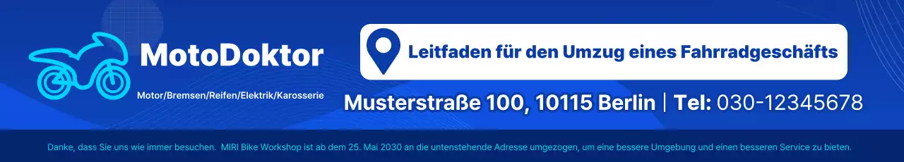 Hinweis zur Verlegung einer schlichten blau-weißen Fahrradwerkstatt