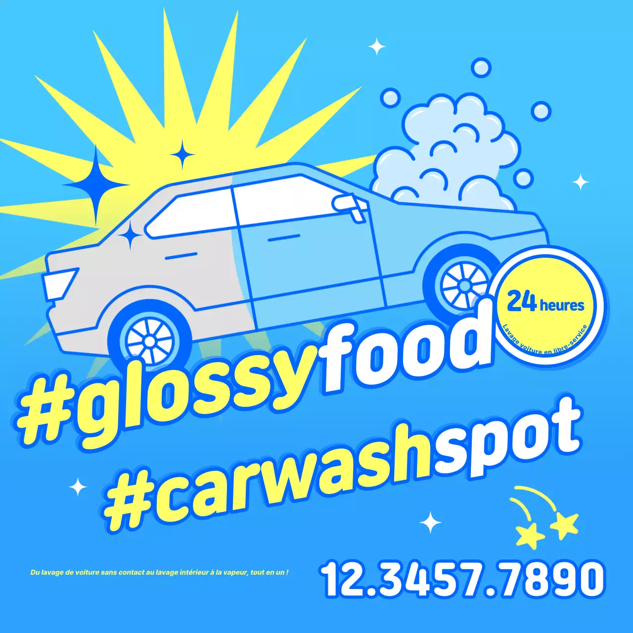 Publicité de lavage de voiture gourmet brillant bleu ciel et jaune pop art Publicité de lavage de voiture 24 heures sur 24