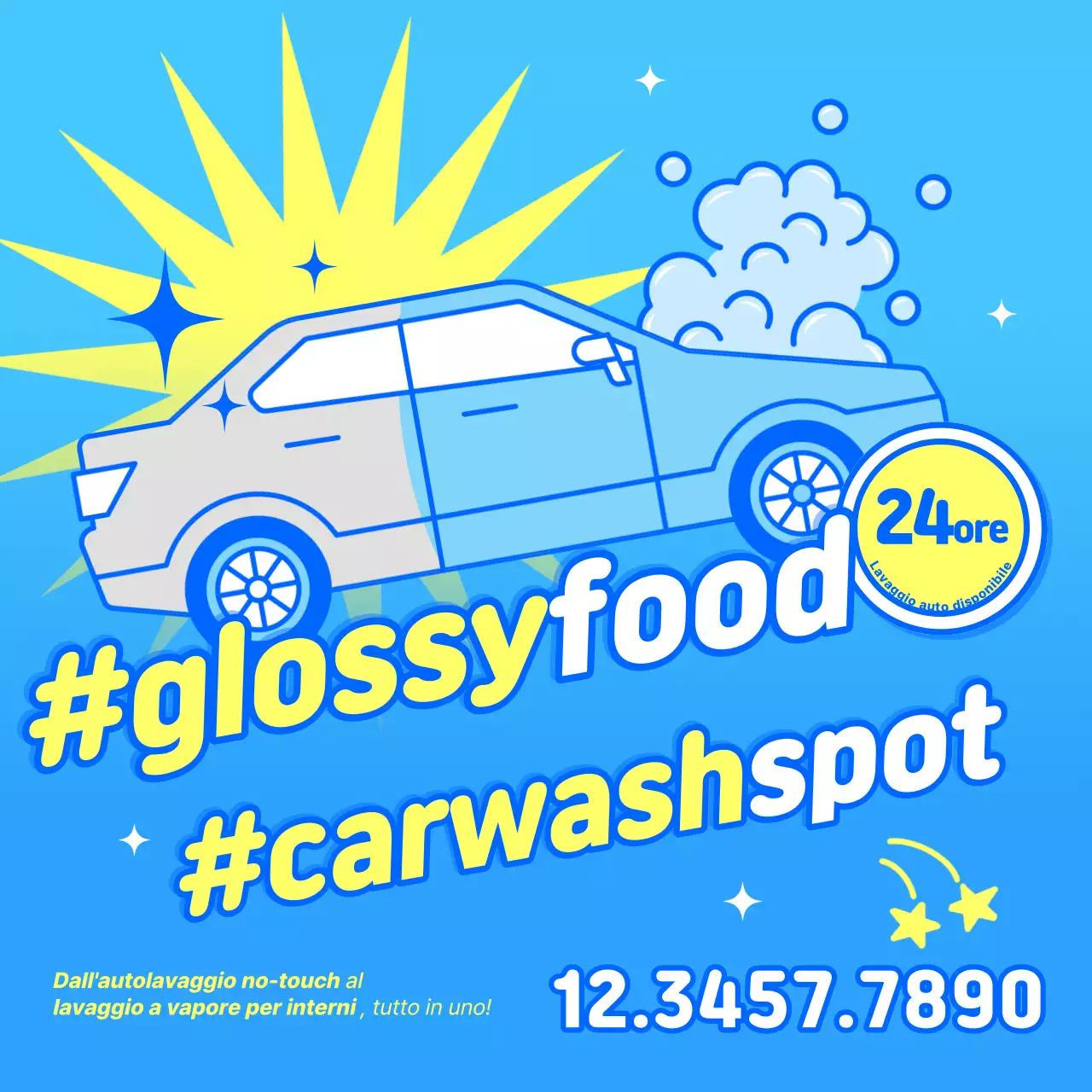 Pubblicità di un autolavaggio gourmet lucido pop art blu cielo e giallo, aperto 24 ore su 24