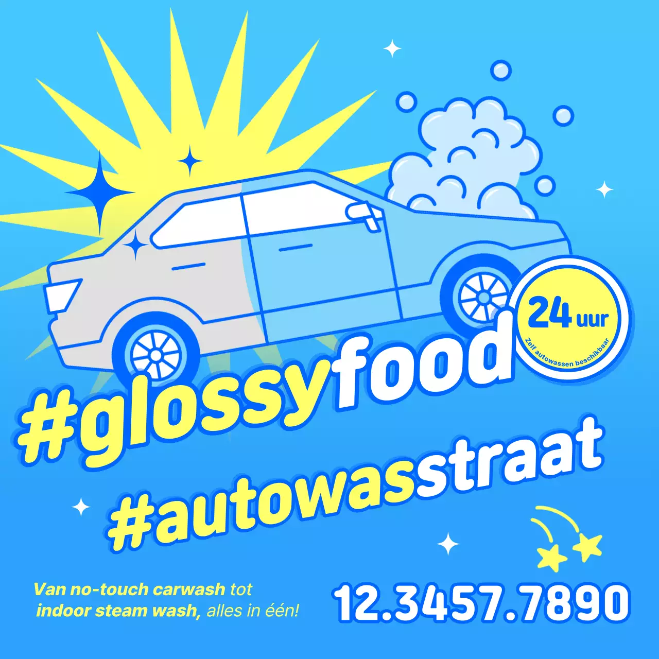 Hemelsblauwe en gele pop-art glanzende gourmet autowasplek 24-uurs autowasreclame