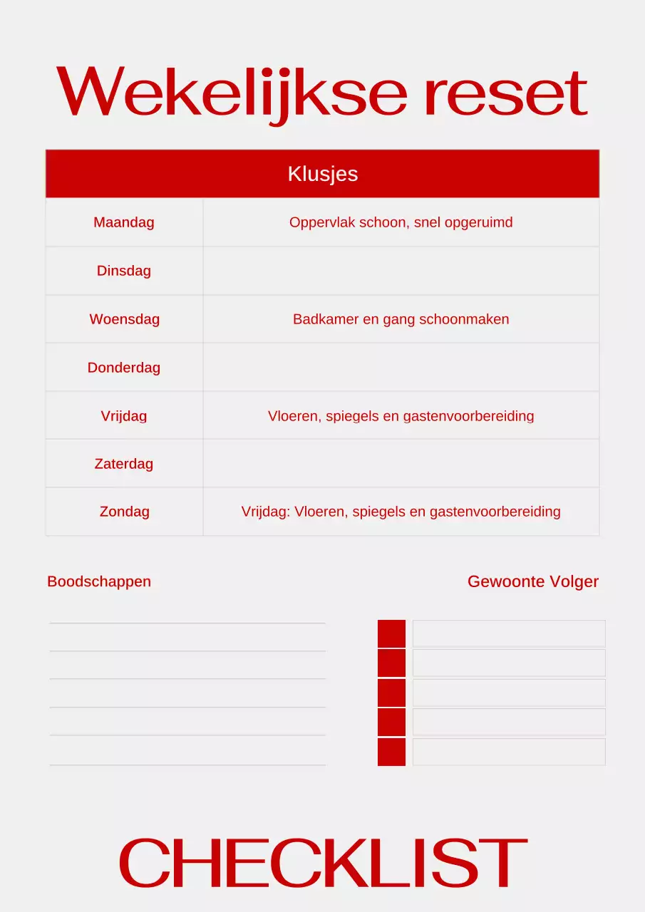 Eenvoudige en trendy rode wekelijkse checklist webposter