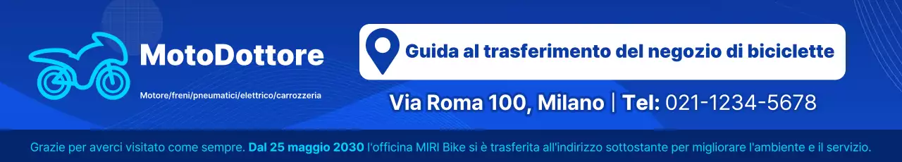 Avviso di trasferimento di una semplice officina di riparazione biciclette blu e bianca