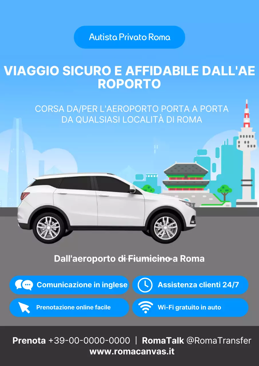 Semplice pubblicità blu e bianca per il trasporto di visitatori stranieri in aeroporto