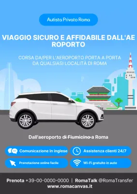 Semplice pubblicità blu e bianca per il trasporto di visitatori stranieri in aeroporto