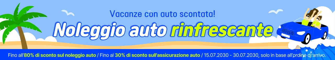 Pubblicità di un evento di noleggio auto a lungo termine in pop art blu e celeste