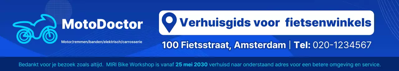 Bericht van verhuizing van eenvoudige blauw-witte fietsenmaker