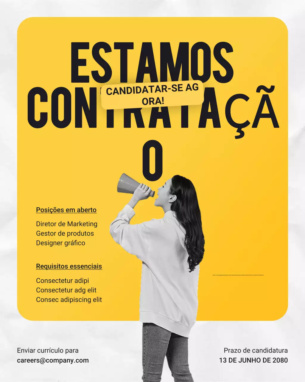 Publicação de anúncio de emprego moderno em negrito amarelo e preto no Instagram