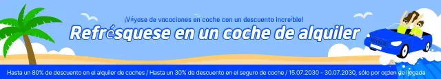 Anuncio de evento de alquiler de coches a largo plazo con diseño pop art en tonos azul cielo y azul.