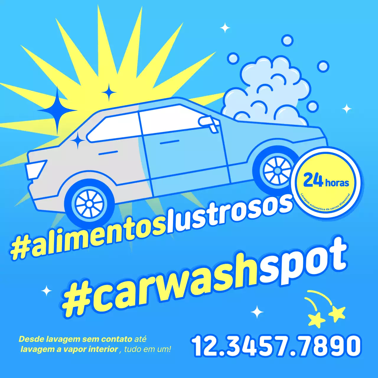 Anúncio de lavagem de carros gourmet brilhante em estilo pop art azul-celeste e amarelo 24 horas