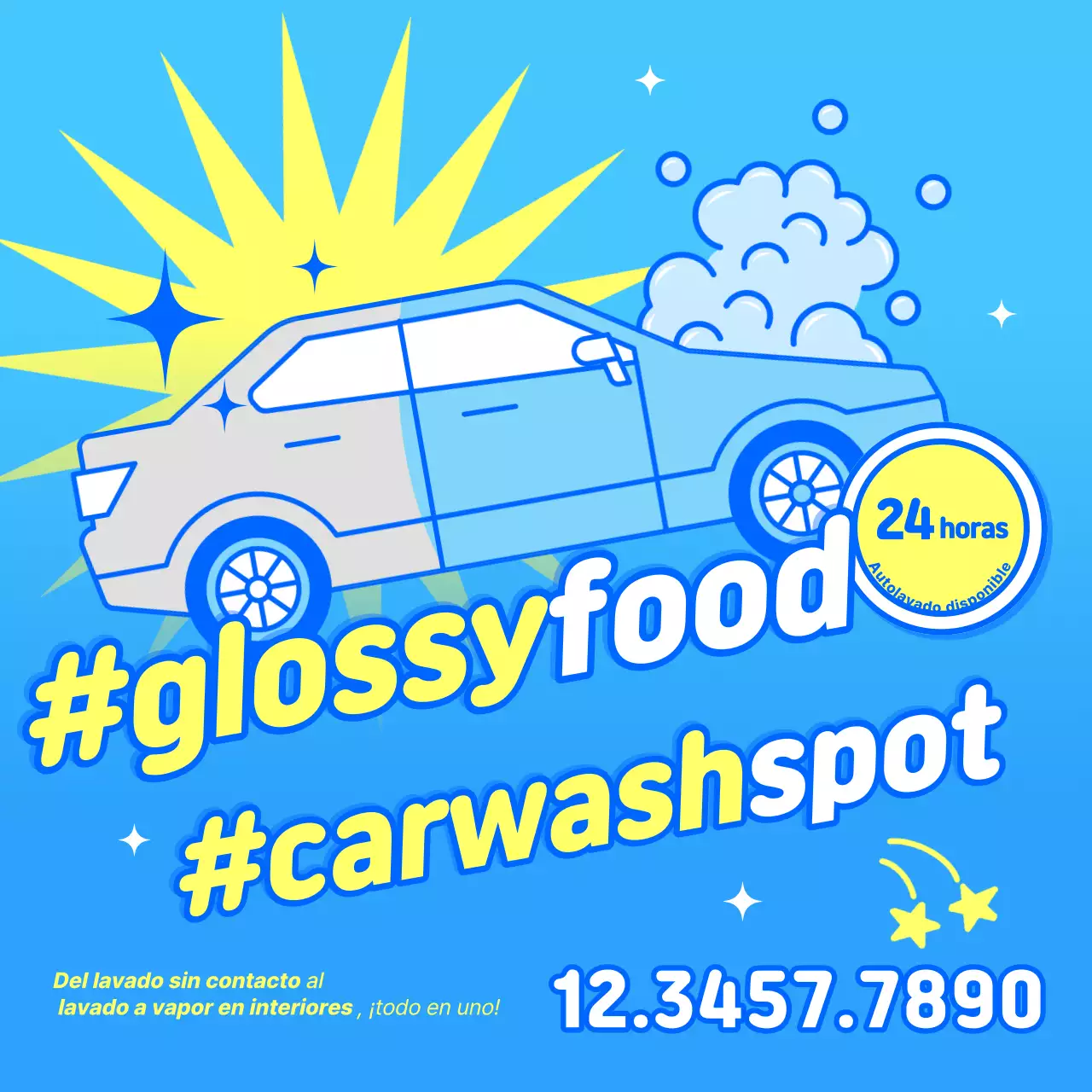 Anuncio de lavado de autos gourmet brillante de estilo pop art en azul cielo y amarillo, 24 horas.