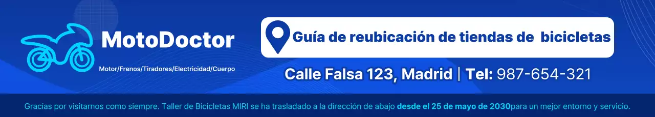 Aviso de reubicación de un sencillo taller de reparación de bicicletas de color azul y blanco