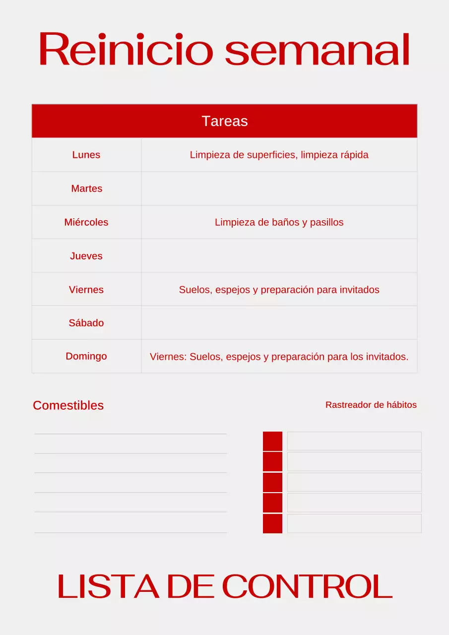 Póster web de lista de verificación semanal en rojo, simple y moderno