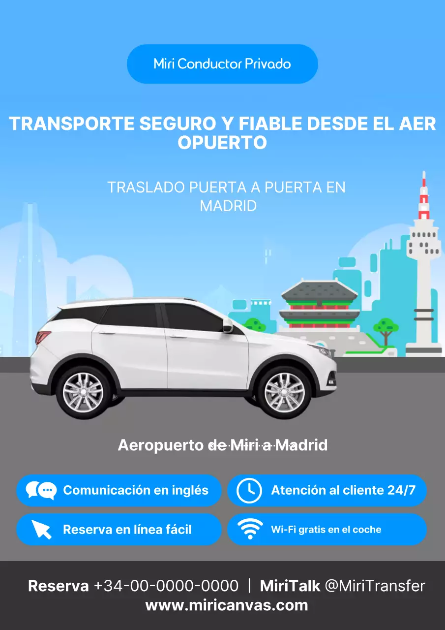 Anuncio sencillo de recogida de visitantes extranjeros en el aeropuerto en azul y blanco.