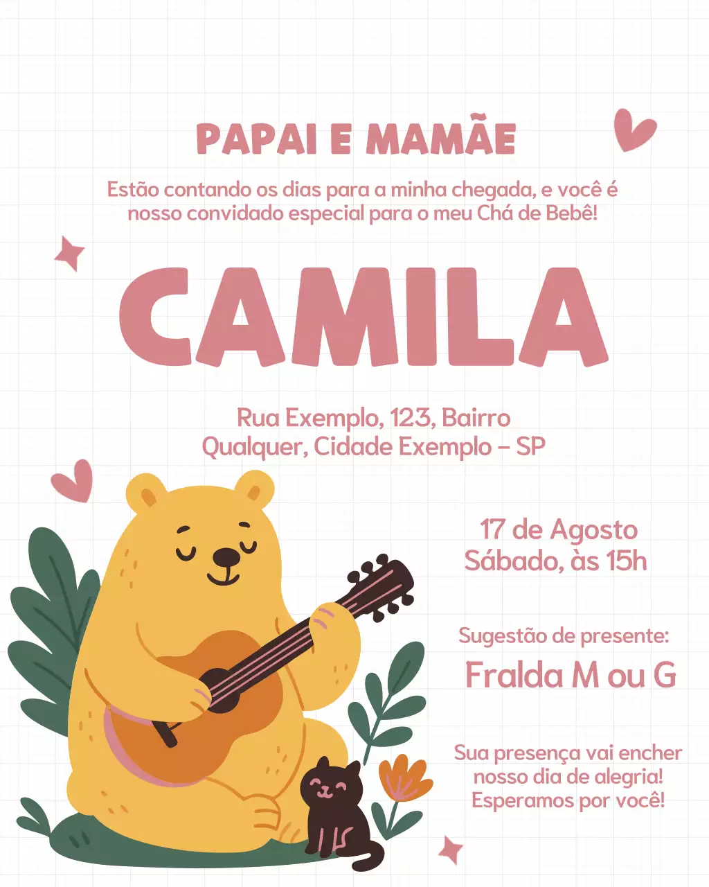 Convite fofo para bebê rosa no Instagram