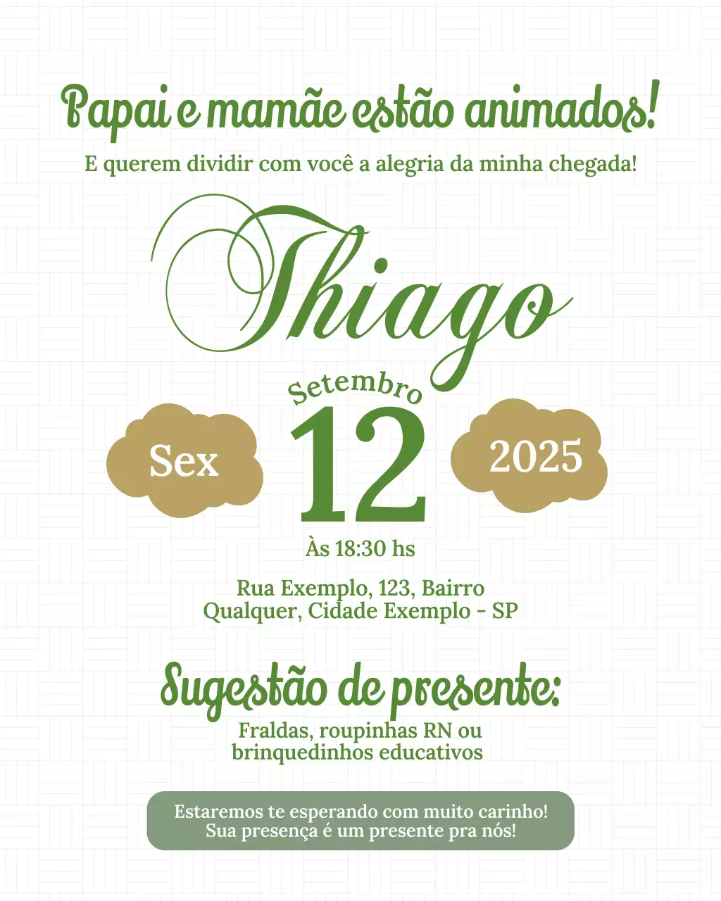 Convite elegante verde para bebê no Instagram