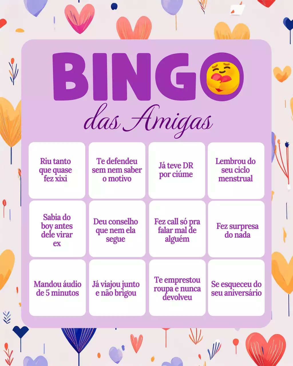 Postagem de Bingo de Amizade Roxo e Brincalhão no Instagram