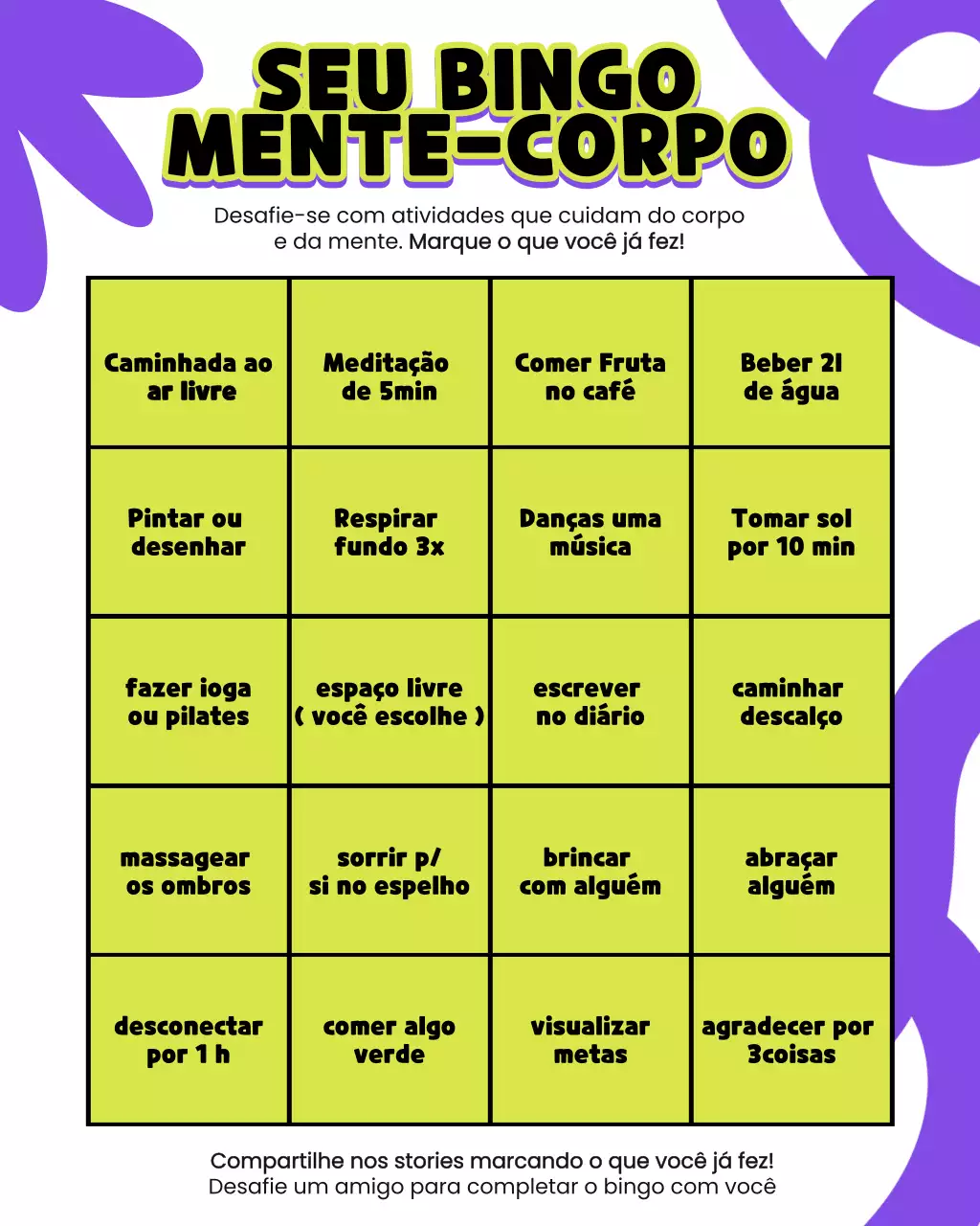 Postagem do Instagram com a lista de verificação de bem-estar lúdica e roxa