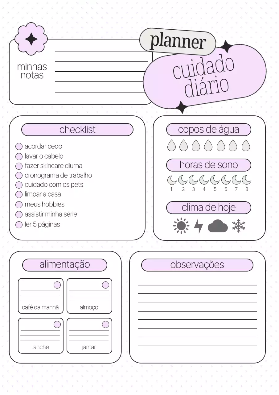 Pôster da Web do Planejador de Autocuidado Diário Rosa e Branco