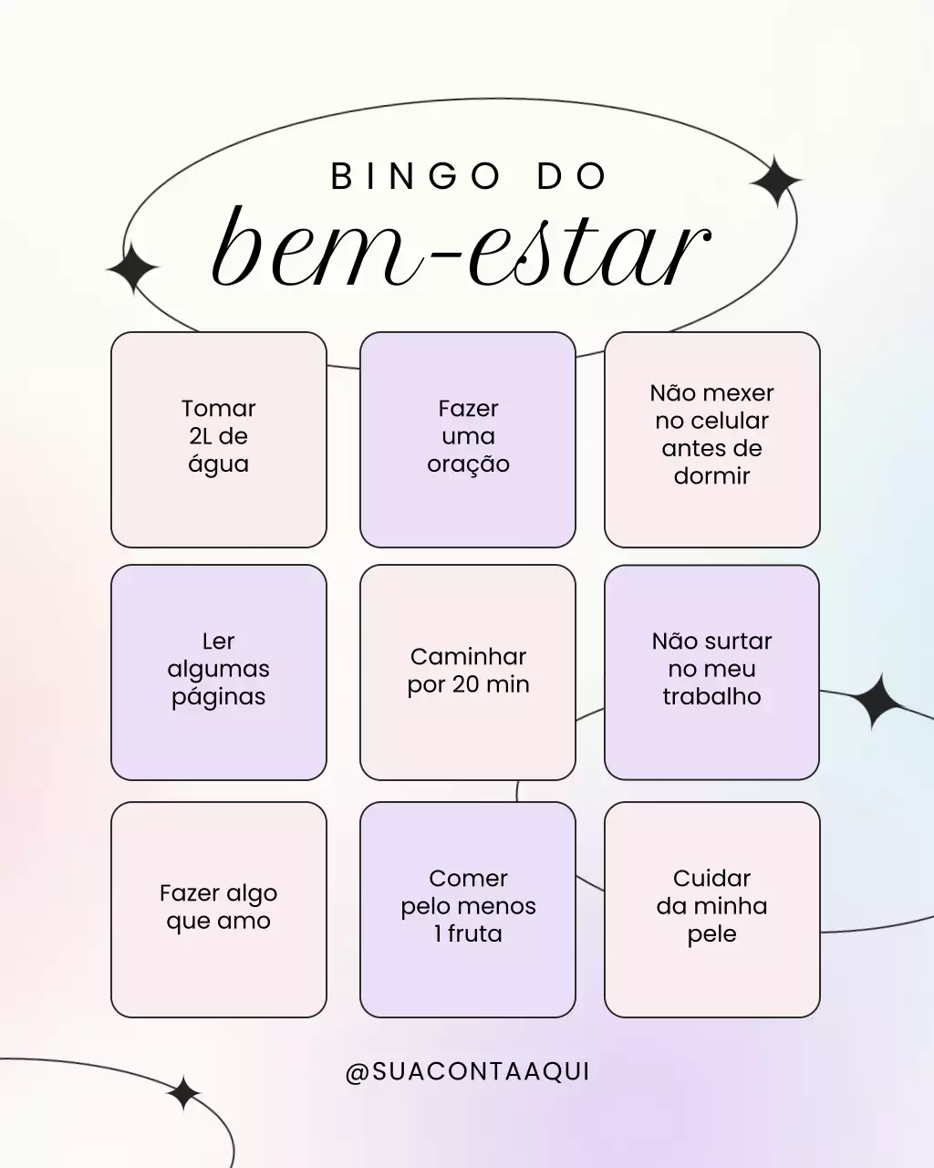 Postagem no Instagram sobre bingo minimalista em tons pastel para bem-estar
