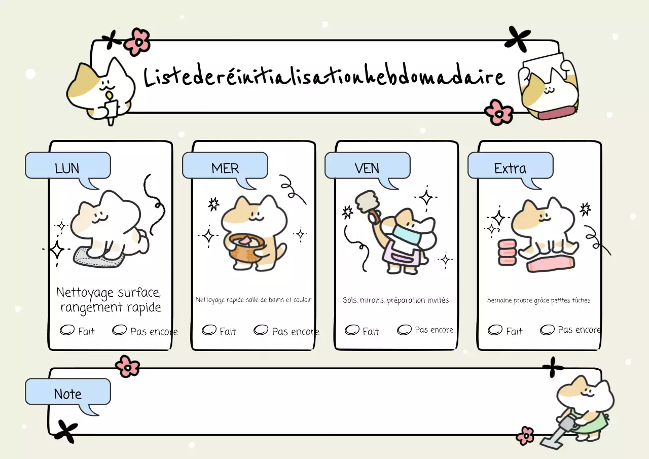 Affiche illustrative beige et bleue avec liste de tâches ménagères