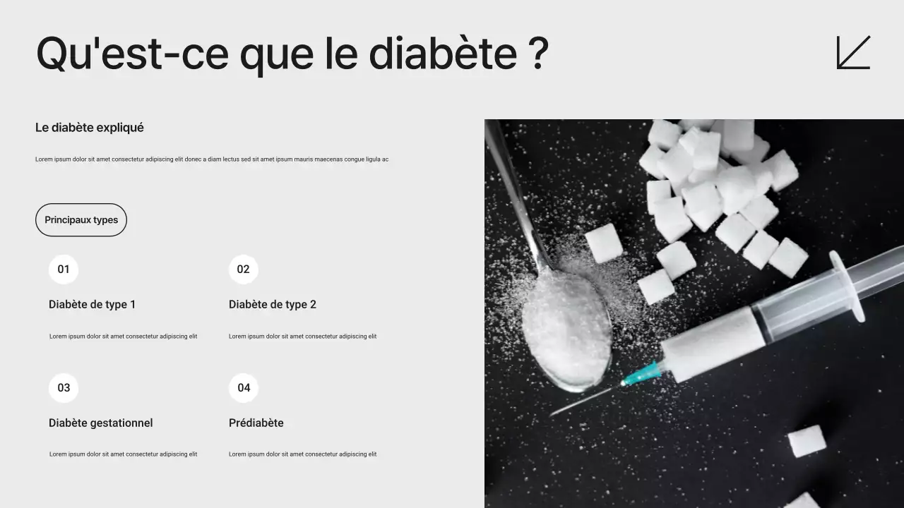 Présentation minimaliste moderne blanche et noire sur la prévention du diabète