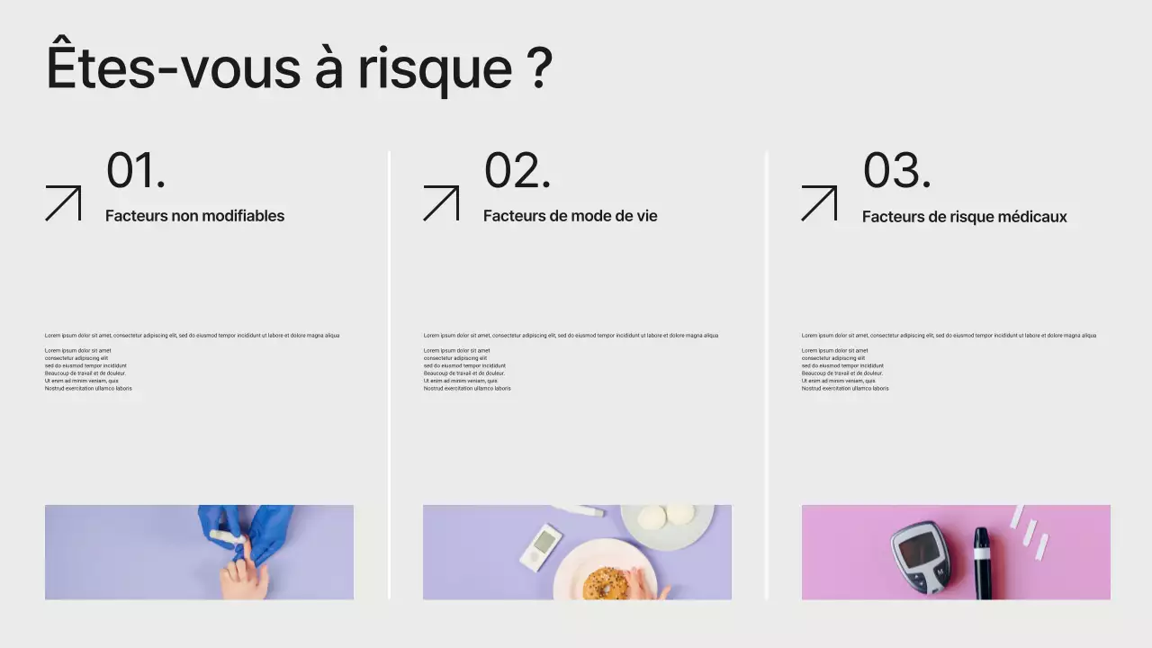 Présentation minimaliste moderne blanche et noire sur la prévention du diabète