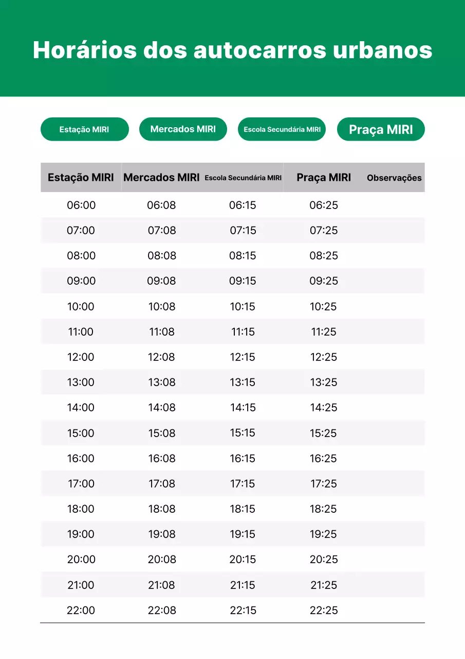 Guia de horários de ônibus da Green Simple City
