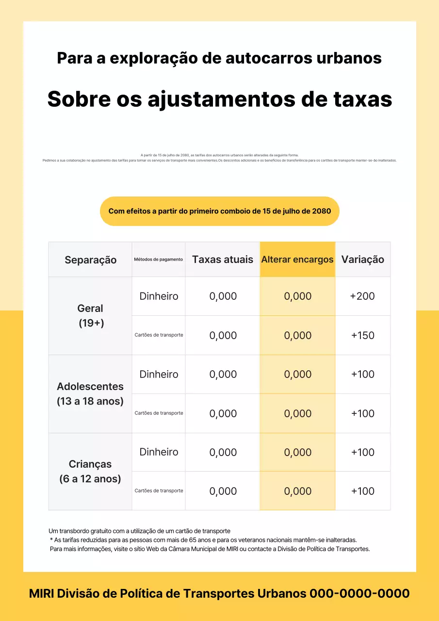 Guia de tarifas de ônibus urbanos de transporte público amarelo e limpo