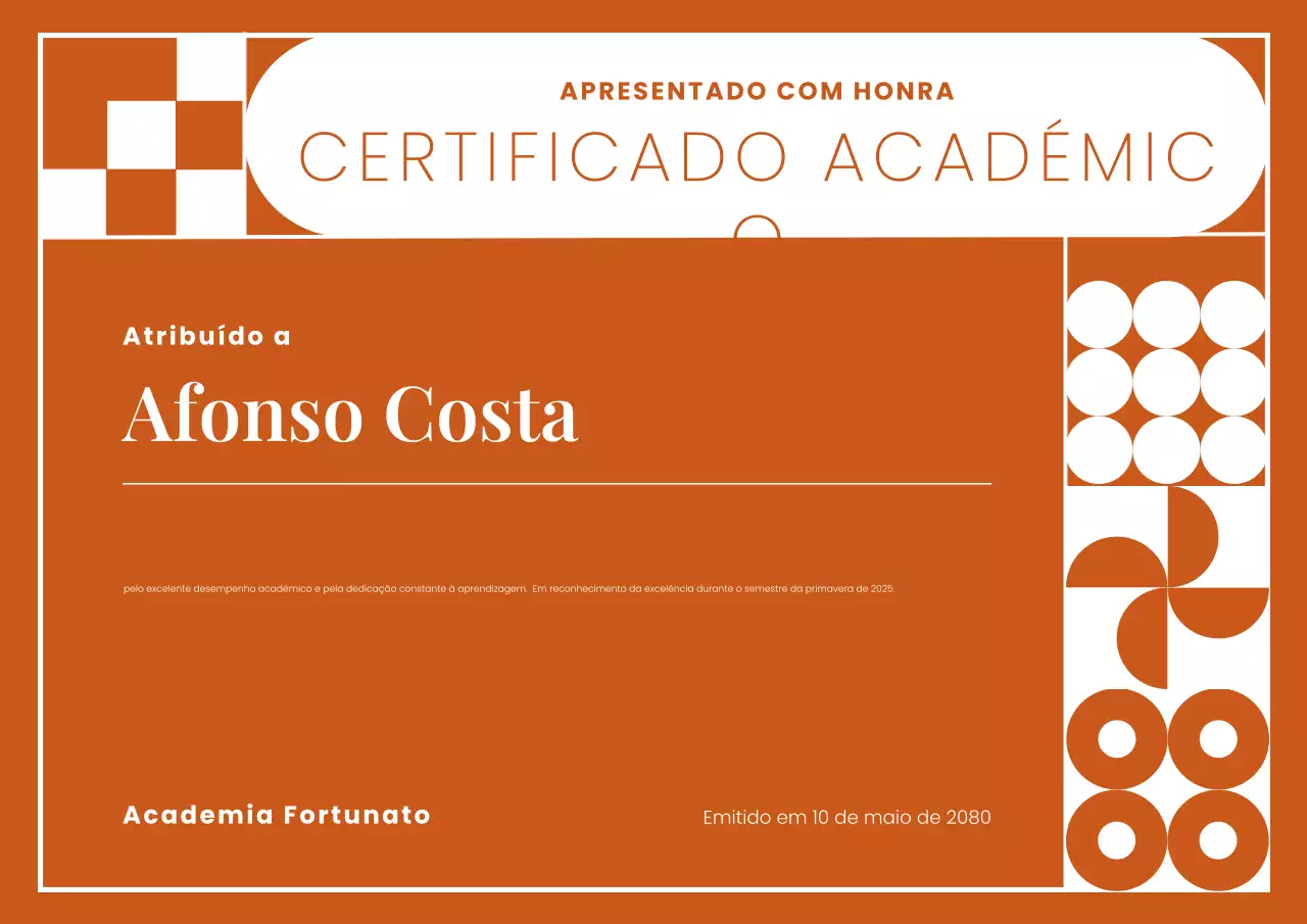 Pôster de certificado acadêmico geométrico em negrito laranja e branco
