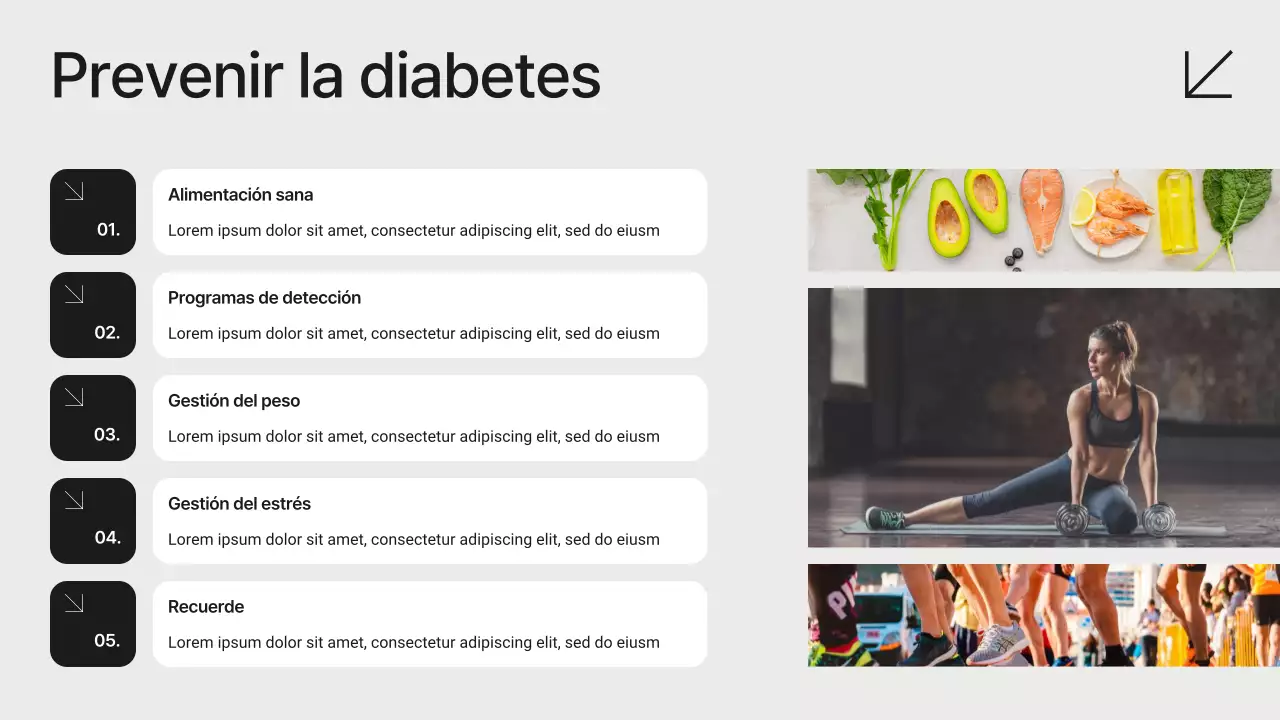 Presentación minimalista moderna en blanco y negro sobre la prevención de la diabetes