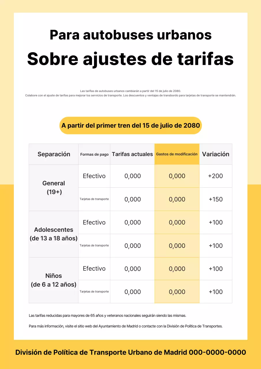Guía de tarifas de autobuses urbanos de transporte público limpio amarillo