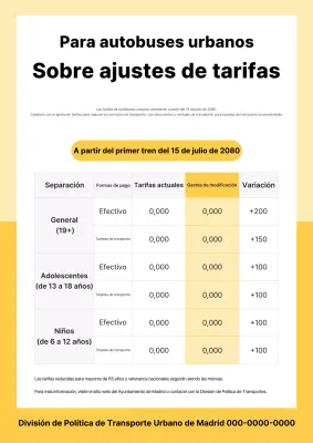 Guía de tarifas de autobuses urbanos de transporte público limpio amarillo