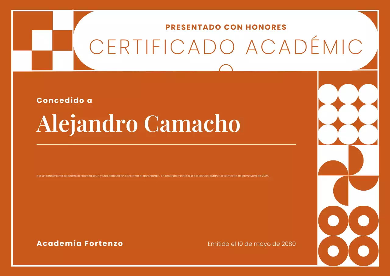 Póster de certificado académico geométrico llamativo en naranja y blanco