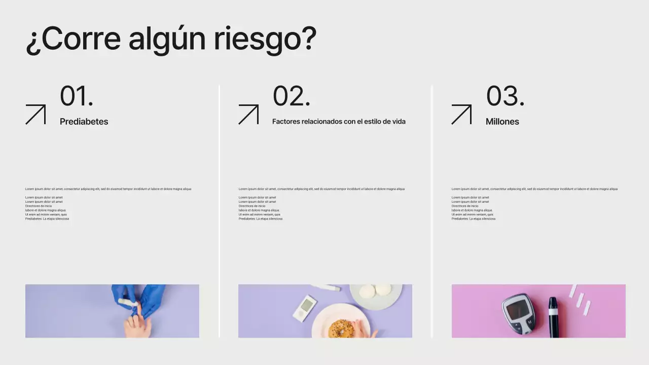 Presentación minimalista moderna en blanco y negro sobre la prevención de la diabetes