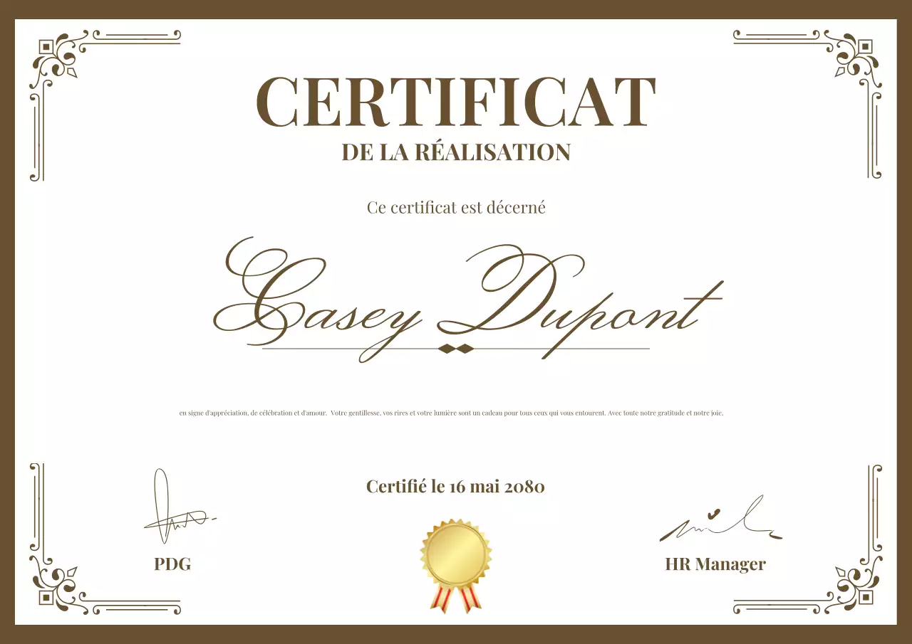 Affiche du certificat de réussite du Brown Classic