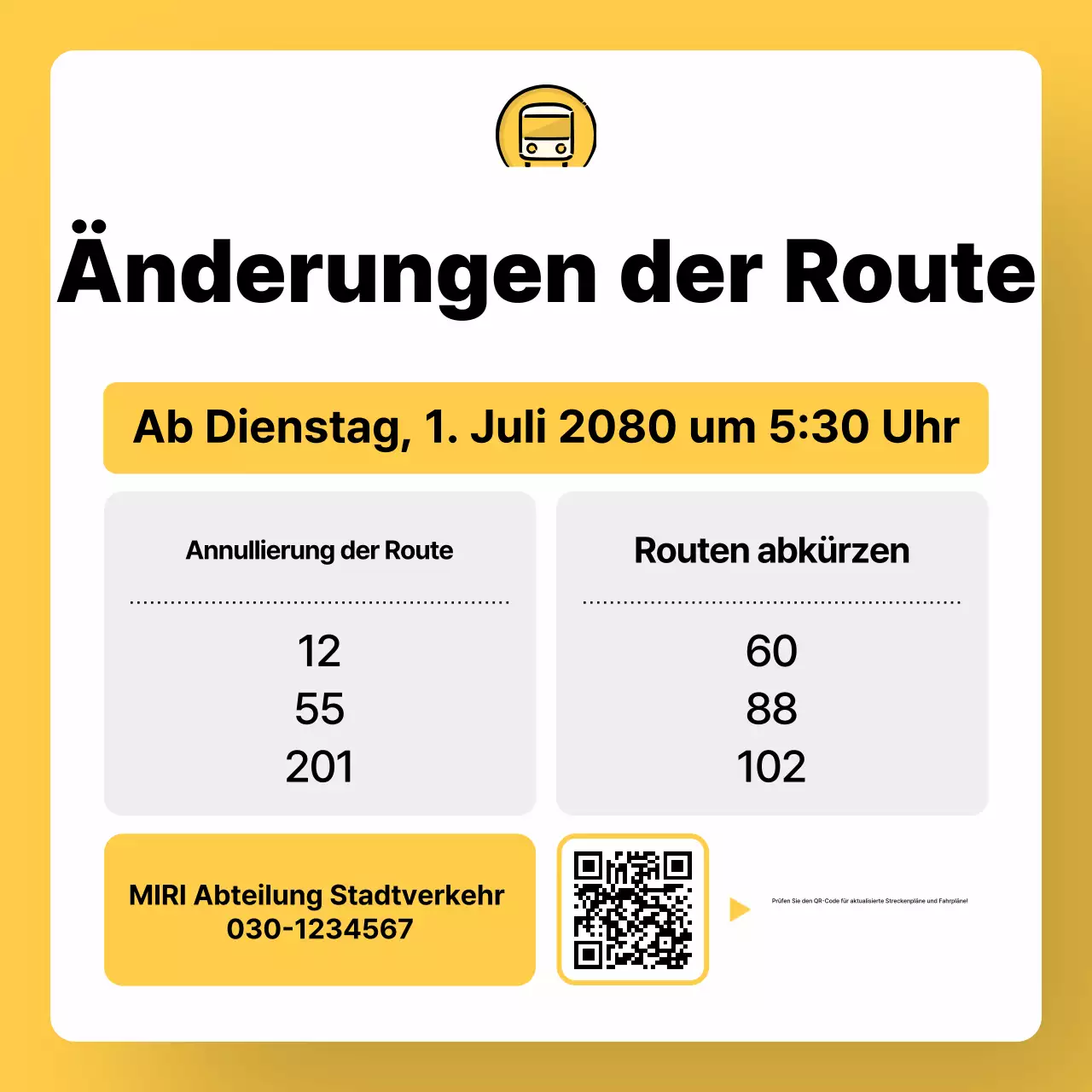 Gelbe einfache Mitteilung zur Änderung der Busroute